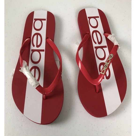 🌹Women’s Flip Flops Bebe Tierla Lightly Cushioned Footbed Size 5/6 Red/ White - Picture 2 of 12